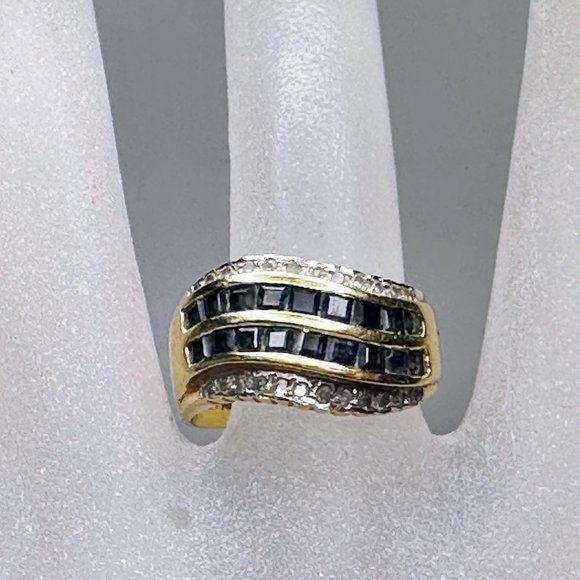 14K yellow gold1.00ct Princess cut Sapphire Round Diamond ring sz 6.5 5.3gm